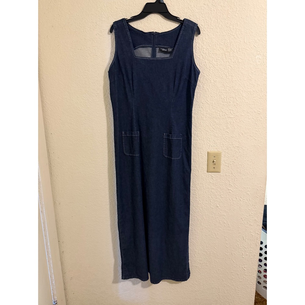 Boutique Europa Women Denim Maxi Dress Square Neck Size 12 Retro Modest Jumper